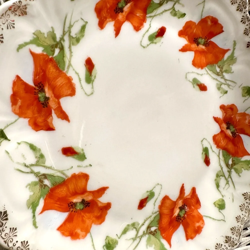 Bavarian China Plate PUNCH Poppies Vintage Romance Dainty Gold Lace Accents